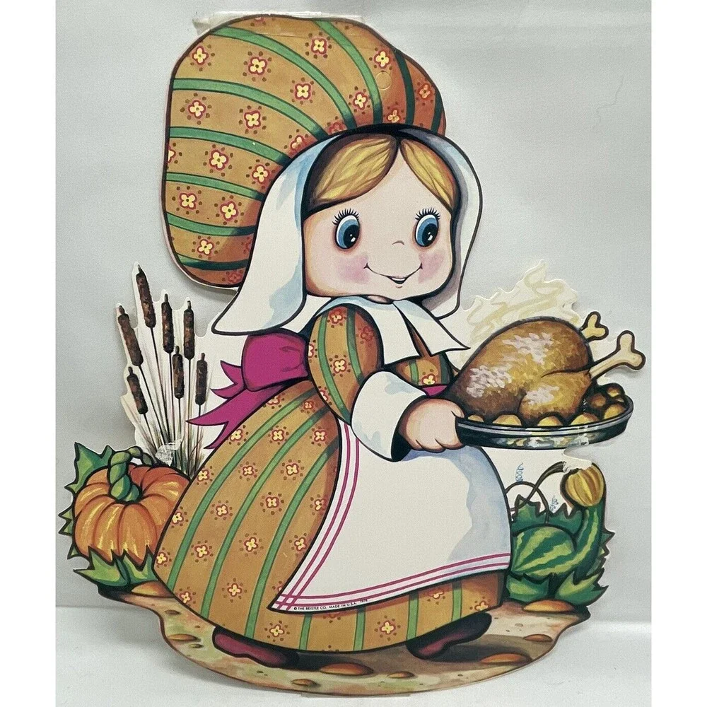 Vintage Beistle 1978 Thanksgiving Die Cut Pilgrim Girl Cardboard Decoration